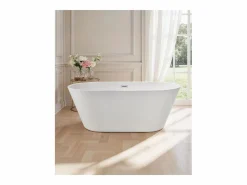 Clearance Bañera Autoportante SucceBuy en Acrílico, Bañera Isla Moderna Ovalada, 150x75 cm, Gran Capacidad 230 L, con Rebosadero y Desagüe en Cromo Pulido Bañera Exenta