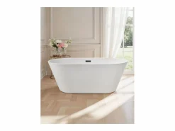 Bañera Autoportante SucceBuy en Acrílico, Bañera Isla Moderna Blanca 150x75 cm, Gran Capacidad 230 L, con Rebosadero y Desagüe Negro Mate, Cuarto de Baño