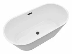 Bañera Autoportante SucceBuy en Acrílico, Bañera Isla Moderna Blanca 150x75 cm, Gran Capacidad 230 L, con Rebosadero y Desagüe Negro Mate, Cuarto de Baño
