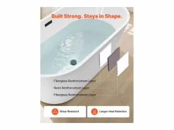 Bañera Autoportante SucceBuy en Acrílico, Bañera Isla Moderna Blanca 150x75 cm, Gran Capacidad 230 L, con Rebosadero y Desagüe Negro Mate, Cuarto de Baño