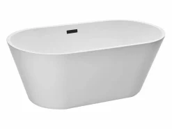 Bañera Autoportante SucceBuy en Acrílico, Bañera Isla Moderna Blanca 150x75 cm, Gran Capacidad 230 L, con Rebosadero y Desagüe Negro Mate, Cuarto de Baño