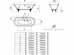 Hot ROGIER & MOTHES Bañera con patas CHELSEA 170 cm patas ÁGUILA CROMADAS Blanco
