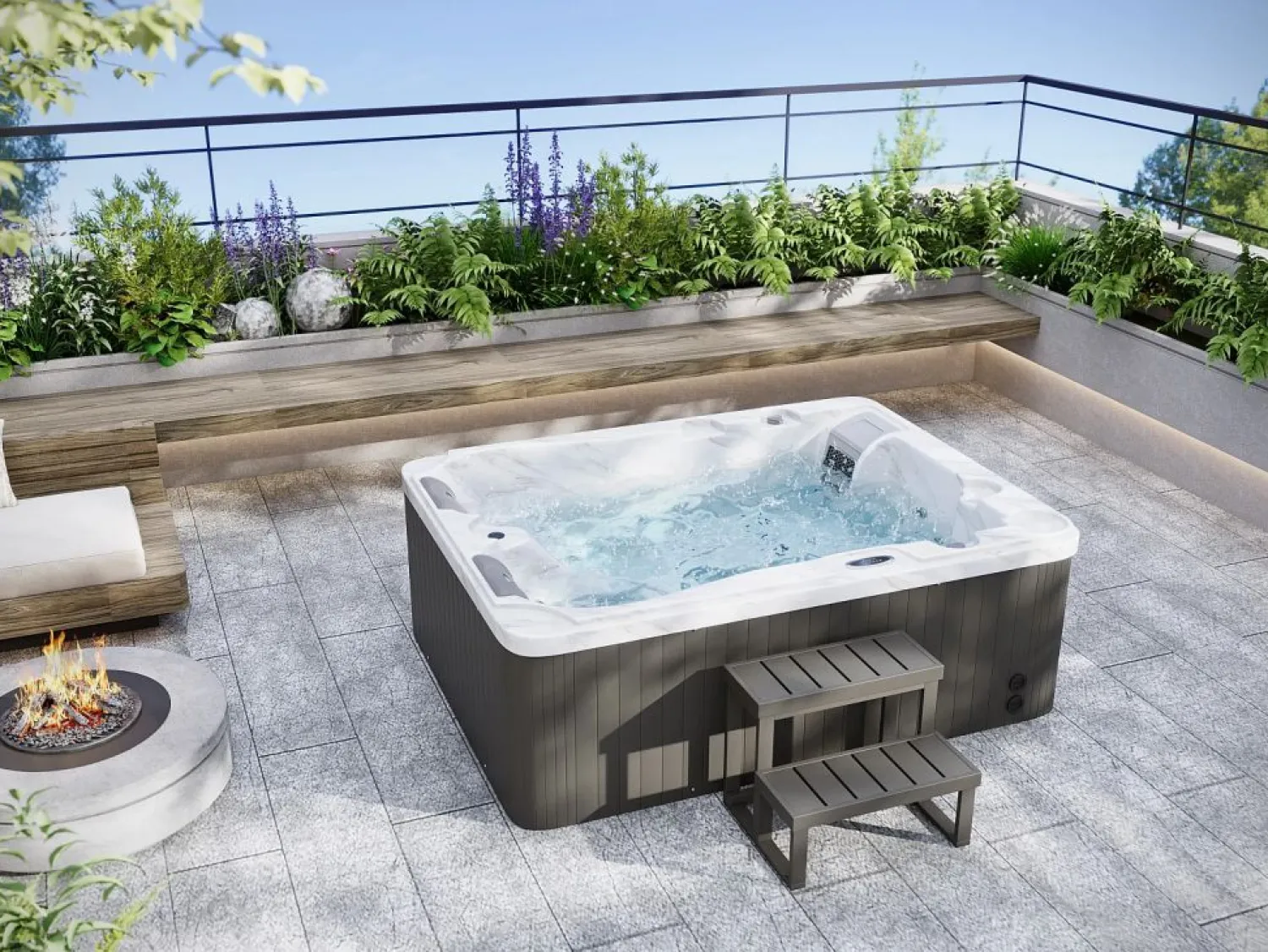 VOGUE SPA Bañera de hidromasaje de 3 plazas perlado con cubierta, 65 chorros, Ancho 210 x Prof. 158 x Alt. 73 cm, motor BALBOA, FIDJI Blanco