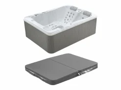 VOGUE SPA Bañera de hidromasaje de 3 plazas perlado con cubierta, 65 chorros, Ancho 210 x Prof. 158 x Alt. 73 cm, motor BALBOA, FIDJI Blanco