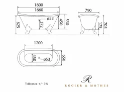 New ROGIER & MOTHES Bañera de Hierro BRADFORD blanca 180 cm Patas CROMADAS Blanco / Plateado