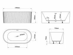 Shower & Design Bañera exenta de acrílico, mate, 220L, 150 x 75 x 58 cm, ALIENA