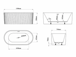 Outlet Bañera exenta estriada de acrílico, brillante, 220L, 150 x 75 x 58 cm, ALIENA Bañera Exenta