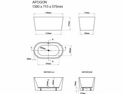Shower & Design Bañera exenta ovalada de acrílico negra, 180L, 130 x 71 x 58 cm, APOGON