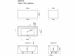 Shower & Design Bañera exenta rectangular - 232 L - 150 x 75 x 60 cm - - Acrílico - ASPIUS
