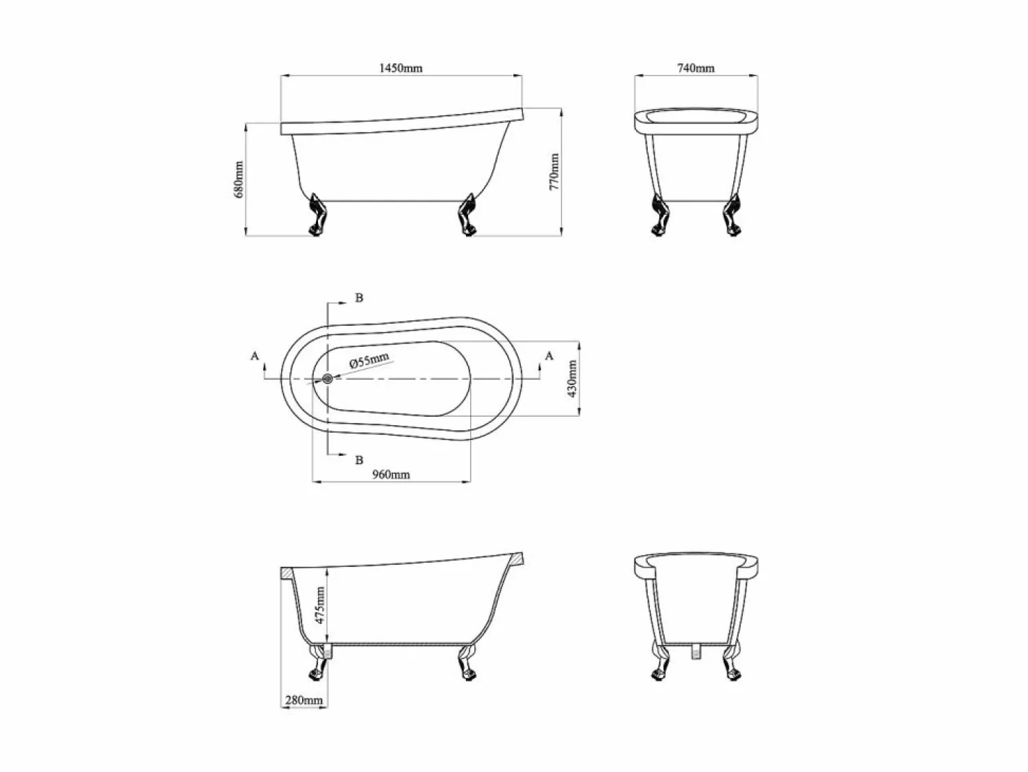 Discount Bañera exenta retro - 200 L - 145*74*77 cm - y patas plateadas - NISOS Bañera Con Patas