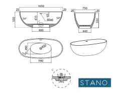 Hot STANO Bañera moderna Solid Surface MALMO exenta 165 cm Blanco