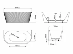 Sale Shower & Design Bañera semi-exenta estriada de acrílico blanca, 206L, 149 x 75 x 58 cm, ZELINA Blanco
