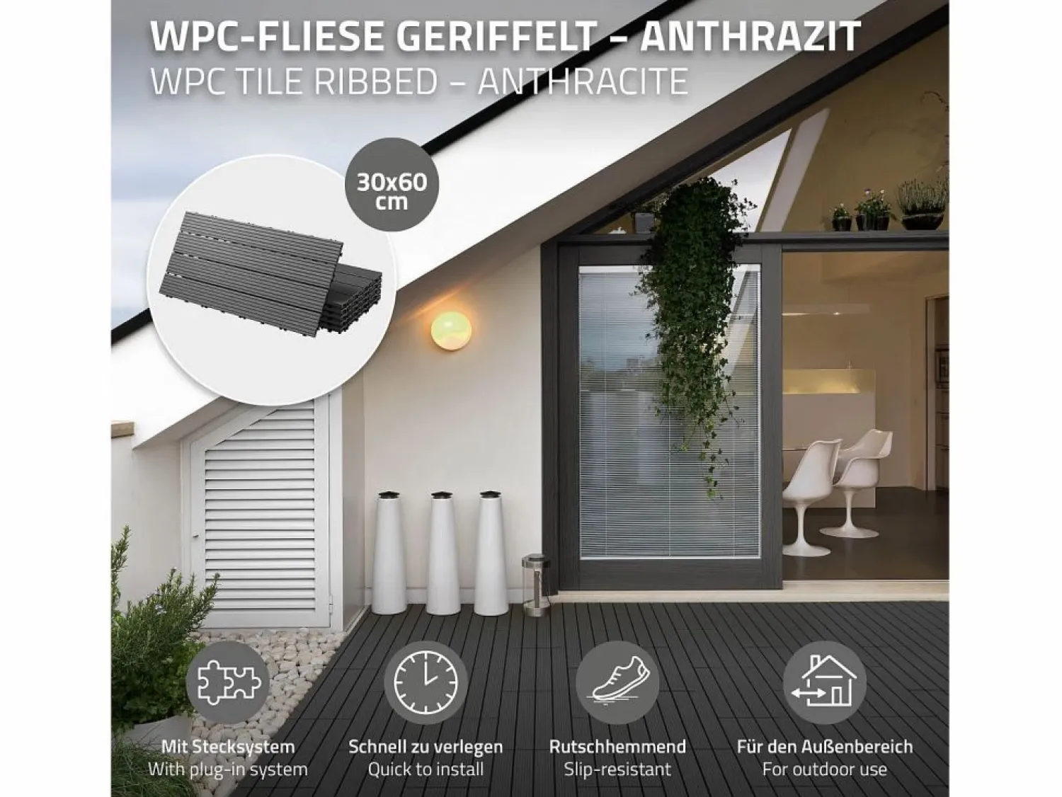 Outlet ECD Germany Baldosas de WPC para terrazas 60x30 cm - 30 piezas por 5m² Gris antracita