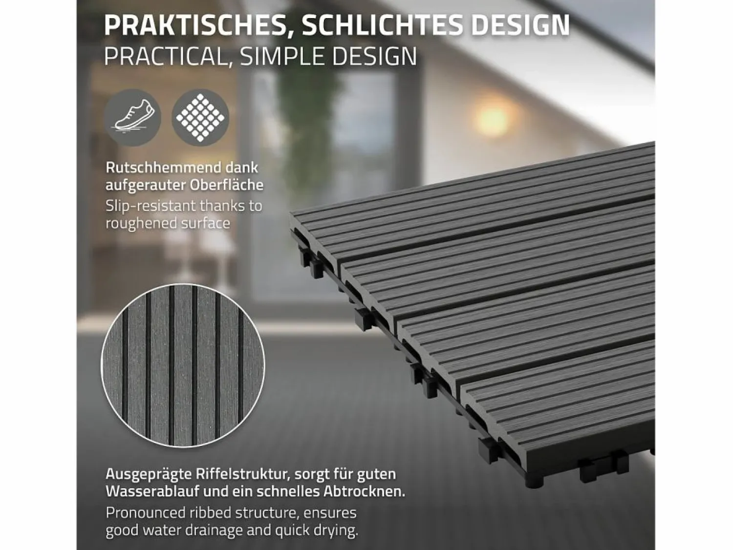 Outlet ECD Germany Baldosas de WPC para terrazas 60x30 cm - 30 piezas por 5m² Gris antracita