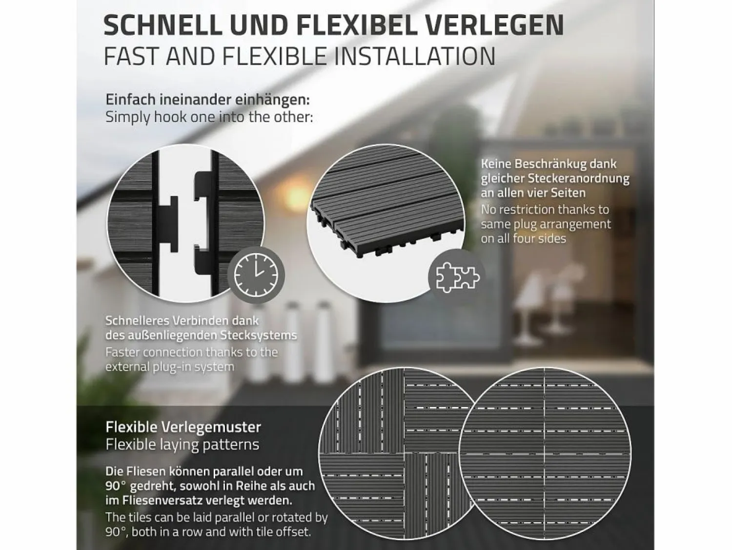 Outlet ECD Germany Baldosas de WPC para terrazas 60x30 cm - 30 piezas por 5m² Gris antracita