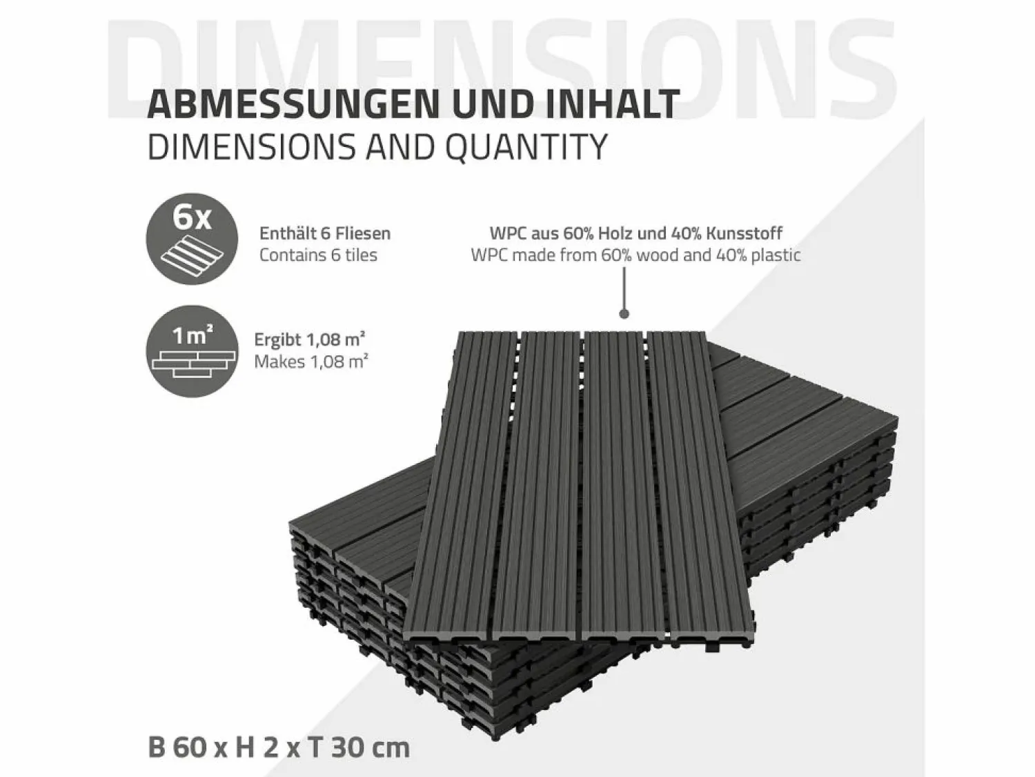 Outlet ECD Germany Baldosas de WPC para terrazas 60x30 cm - 30 piezas por 5m² Gris antracita