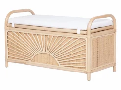 OZAIA Banco baúl de mimbre trenzado con cojín,An.91 x P. 43 x Al. 51 cm, Natural, SOLEYA