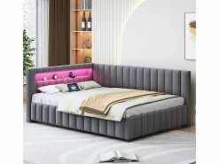 New Banco cama acolchado de terciopelo 140x200 cm, Sofá cama con LED, USB, respaldo y cabecero, Cama Diván