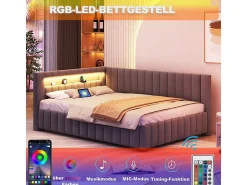 New Banco cama acolchado de terciopelo 140x200 cm, Sofá cama con LED, USB, respaldo y cabecero, Cama Diván