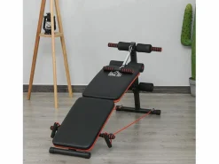 Banco de abdominales ajustable y plegable, multifuncional con cuerdas, de acero, y rojo (137 x 51 x 66 cm)