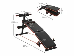 Banco de abdominales ajustable y plegable, multifuncional con cuerdas, de acero, y rojo (137 x 51 x 66 cm)