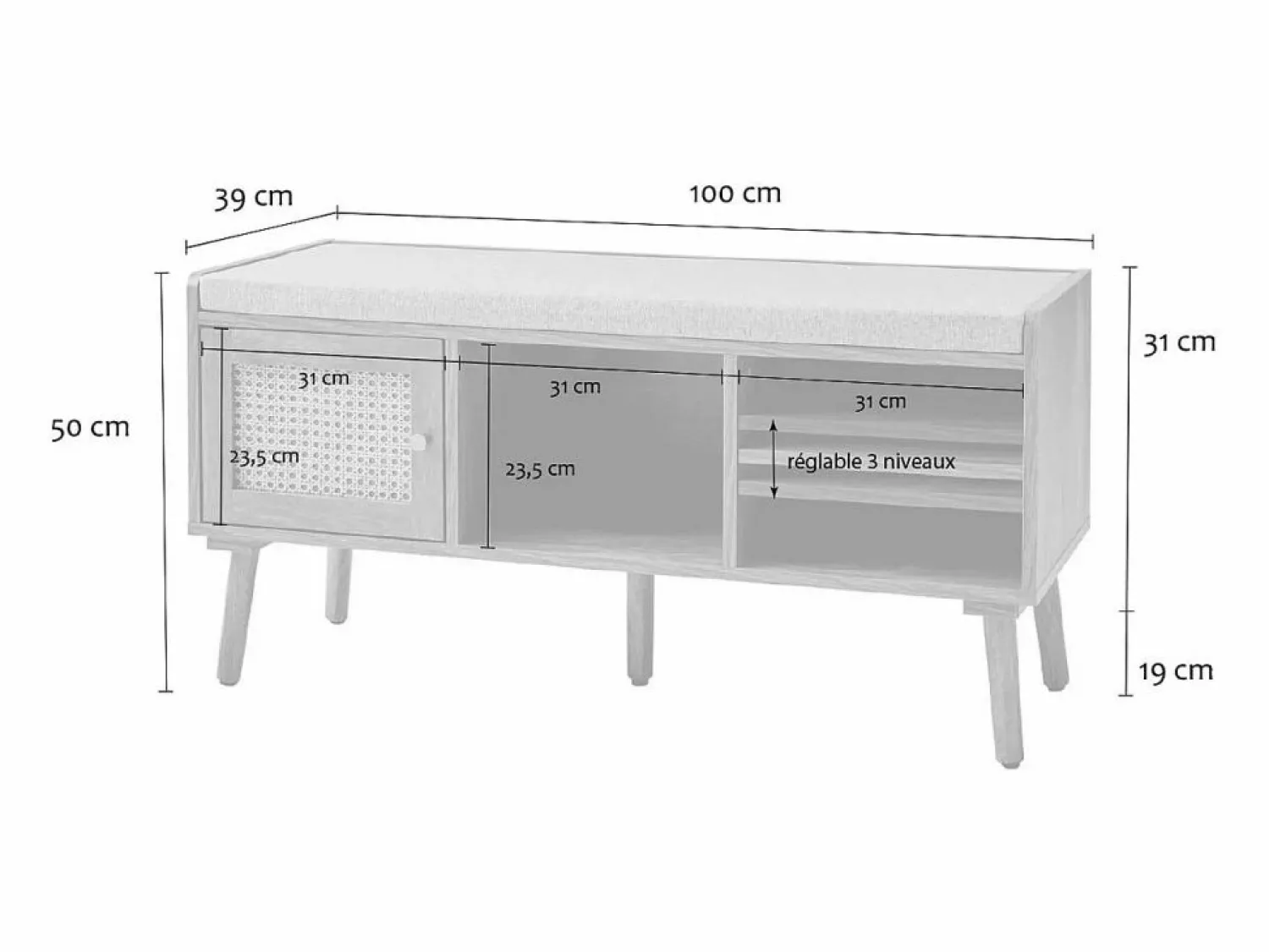 Discount Calicosy Banco de zapatos de 1 puerta con fachada de ratán y 3 nichos abiertos L100 cm - PALMO Beige