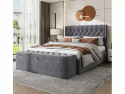 Discount Banco tapizado con almacenaje - estructura de madera - terciopelo 138x41x42 cm Gris