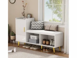 Sale Merax Banco zapatero con 1 puerta, 2 nichos y cojín - patas y tiradores de metal dorado - - 120 x 35 x 68,5 cm Blanco