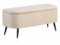 New Banqueta-baul tapizada con tejido aterciopelado beig y patas metal Banco Y Pie De Cama|Banco Y Pie De Cama