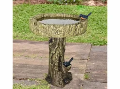 Baño para pájaros de hormigón con efecto madera y pájaro decorativo, resistente a la intemperie (46x46x62 cm)