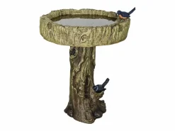 Baño para pájaros de hormigón con efecto madera y pájaro decorativo, resistente a la intemperie (46x46x62 cm)
