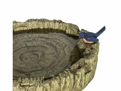 Baño para pájaros de hormigón con efecto madera y pájaro decorativo, resistente a la intemperie (46x46x62 cm)
