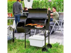 Barbacoa de carbón con ahumador, de acero, 109x60x120 cm, con tapa, termómetro, ruedas y ventilación