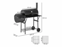 Barbacoa de carbón con ahumador, de acero, 109x60x120 cm, con tapa, termómetro, ruedas y ventilación