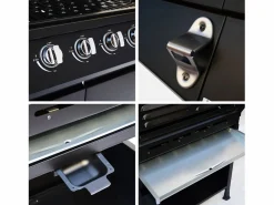 Clearance Barbacoa de gas con 6 quemadores + 1 quemador lateral con ruedas, Negro
