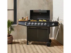 Clearance Barbacoa de gas con 6 quemadores + 1 quemador lateral con ruedas, Negro