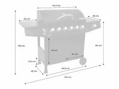Clearance Barbacoa de gas con 6 quemadores + 1 quemador lateral con ruedas, Negro