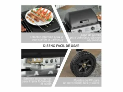 New Outsunny Barbacoa de gas 2 quemadores 5,6kW con ruedas 99x104x49 cm Negro