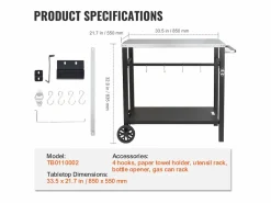 Barbecue a Gas SucceBuy Carrito de Comedor para Barbecue Exterior, Carrito de Preparación de Alimentos Móvil de Doble Estante para la Terraza Negro