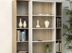 Vente-unique Biblioteca corredero - 18 estantes - Blanco y roble - PRALI