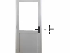 New GD Menuiseries Bloque de puerta de taller BLANCO sin parteluz H204 x L83 Dimensiones de la mesa de empuje izquierda + manija Color natural claro