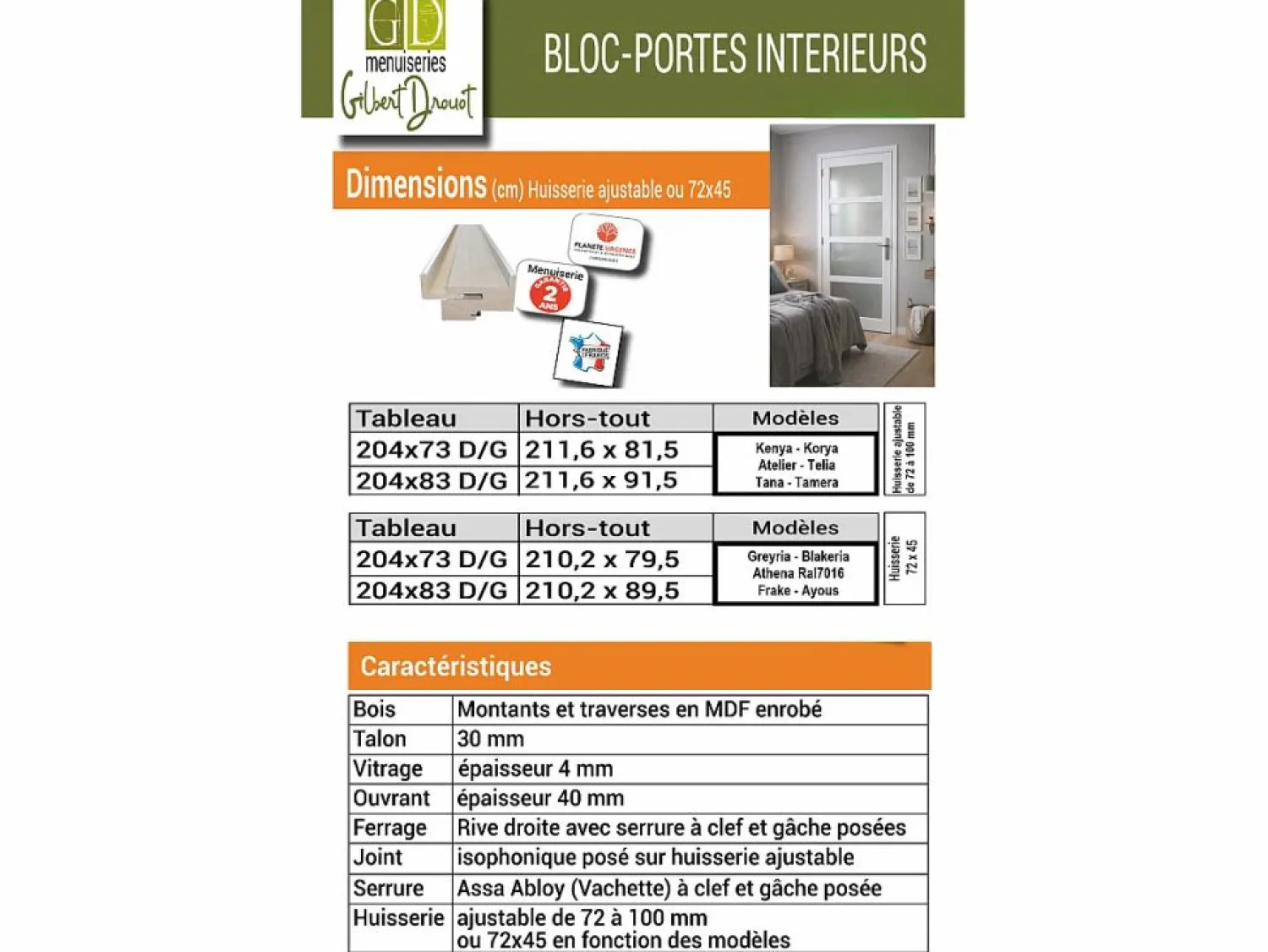 GD Menuiseries Bloque para puerta de taller BLANCO sin parteluz Al. 204 x L. 73 Dimensiones de la mesa de empuje izquierda + tirador