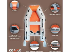 COASTO Bote inflable 230x130 cm - 3 plazas - Punto de gota de alta presión - 2 remos 1 bomba 1 bolsa de transporte - Hinchable 2,30m gris claro /