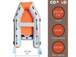 COASTO Bote inflable 230x130 cm - 3 plazas - Punto de gota de alta presión - 2 remos 1 bomba 1 bolsa de transporte - Hinchable 2,30m gris claro /