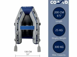 Clearance COASTO Bote neumático Slat 200 - 200x130 cm 2+1 personas - Suelo de carbono latte - 2 remos 1 bomba 1 bolsa de transporte - 200 x 131 cm Azul