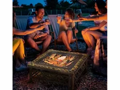 Outlet Brasero cuadrado multifunción con parrilla, protector contra chispas y cubo de hielo, acero (76 x 76 x 47 cm) Negro