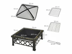 Outlet Brasero cuadrado multifunción con parrilla, protector contra chispas y cubo de hielo, acero (76 x 76 x 47 cm) Negro