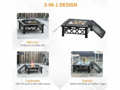 Outlet Brasero cuadrado multifunción con parrilla, protector contra chispas y cubo de hielo, acero (76 x 76 x 47 cm) Negro