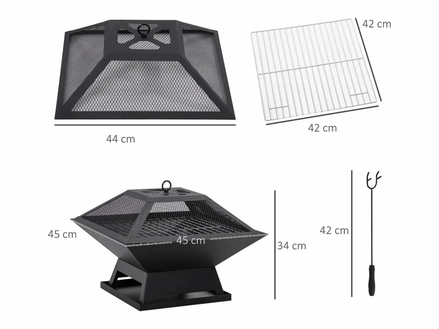 Brasero de jardín con rejilla para asar, protección contra chispas, acero, (45 x 45 x 34 cm) Barbacoa
