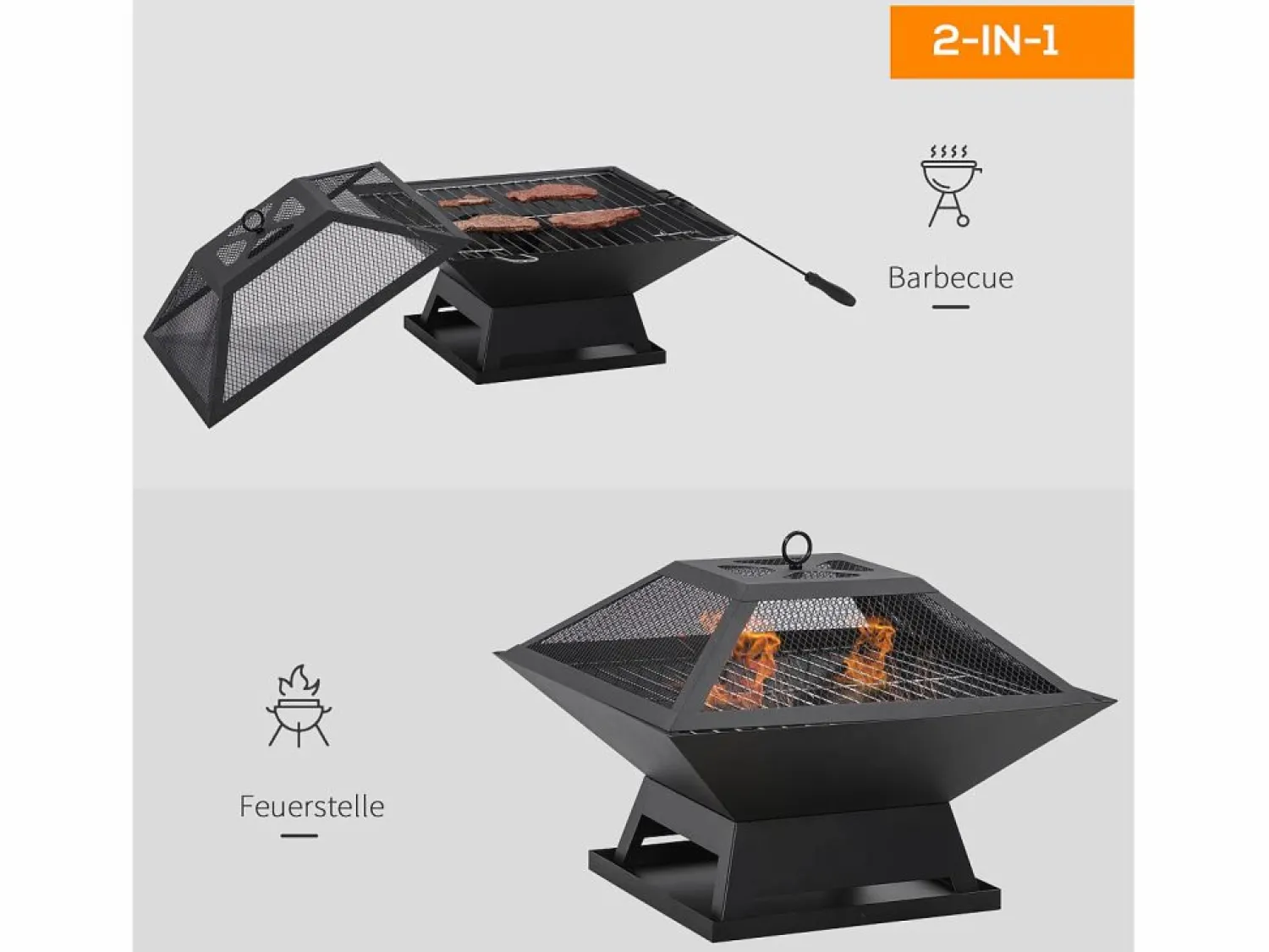 Brasero de jardín con rejilla para asar, protección contra chispas, acero, (45 x 45 x 34 cm) Barbacoa